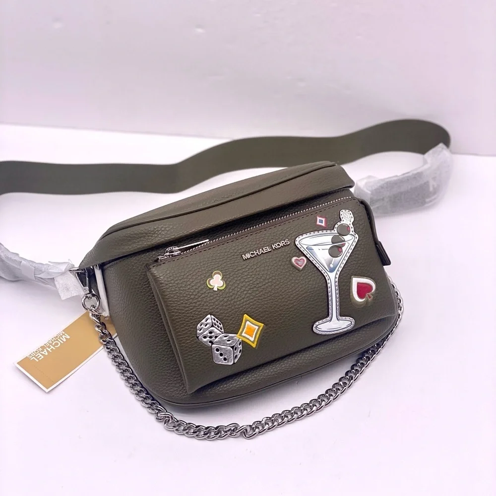 Michael Kors Olive Green Funny Pack Belt Crossbody Bag with Fun Patches